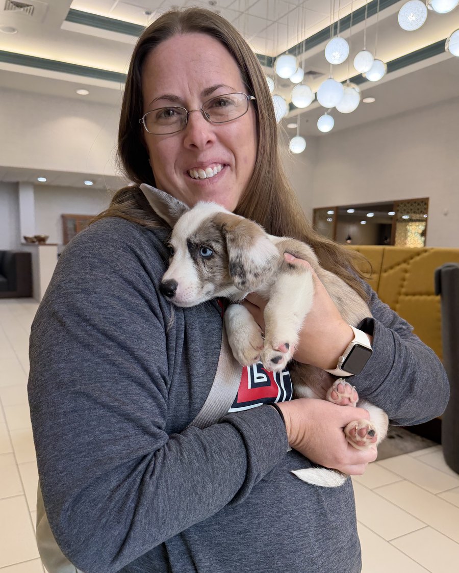 Jade Dingman holding a merle Cardigan Welsh Corgi puppy